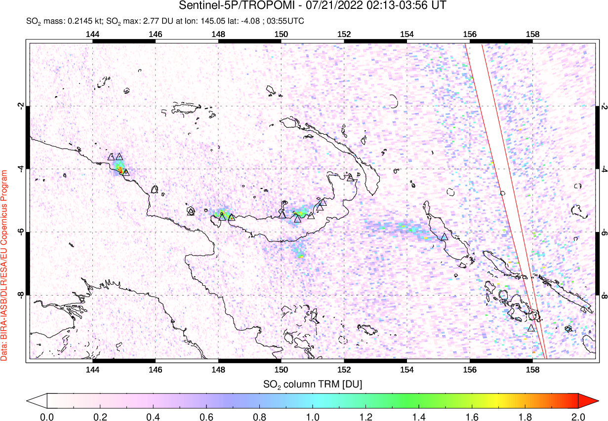 A sulfur dioxide image over Papua, New Guinea on Jul 21, 2022.