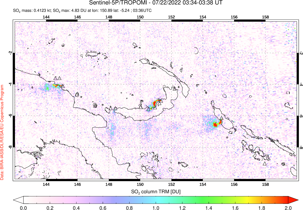 A sulfur dioxide image over Papua, New Guinea on Jul 22, 2022.