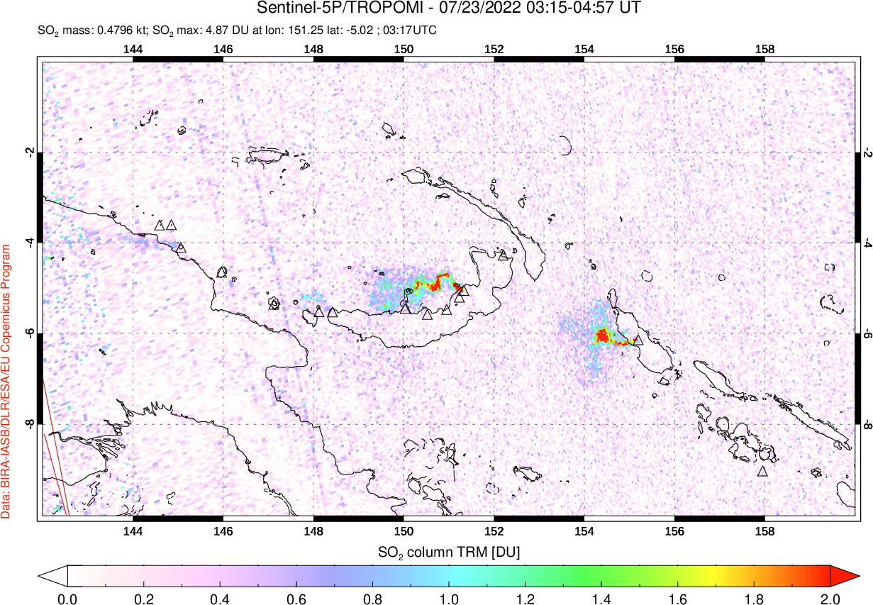 A sulfur dioxide image over Papua, New Guinea on Jul 23, 2022.