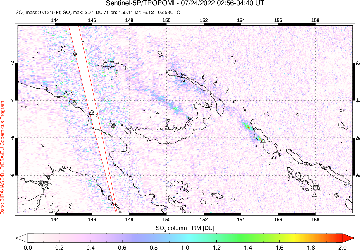 A sulfur dioxide image over Papua, New Guinea on Jul 24, 2022.
