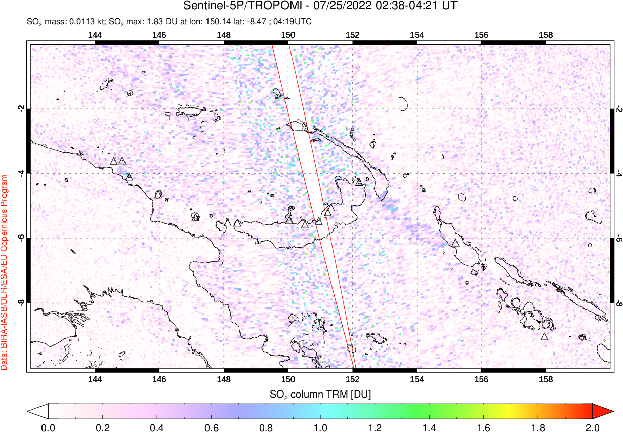 A sulfur dioxide image over Papua, New Guinea on Jul 25, 2022.