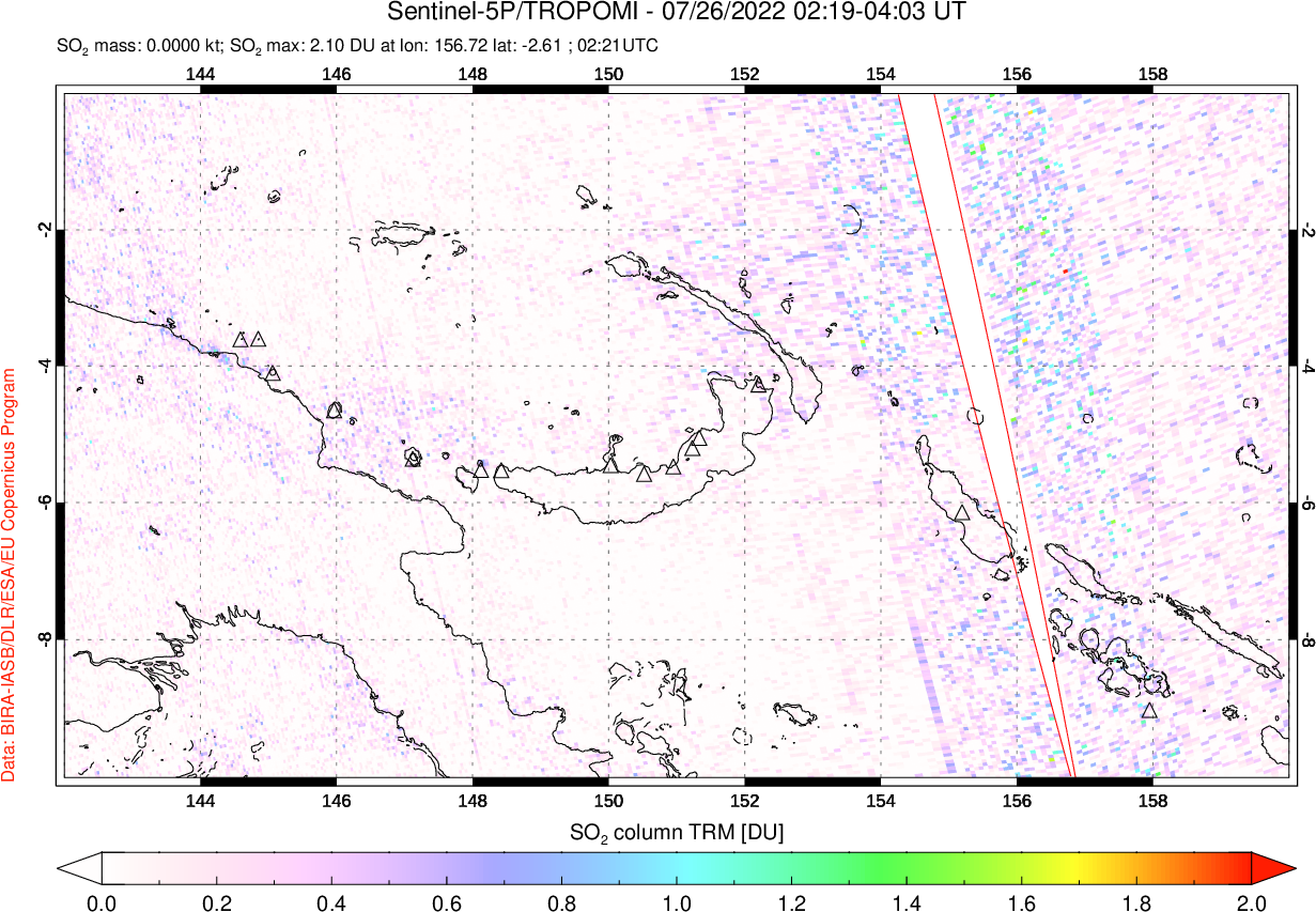 A sulfur dioxide image over Papua, New Guinea on Jul 26, 2022.