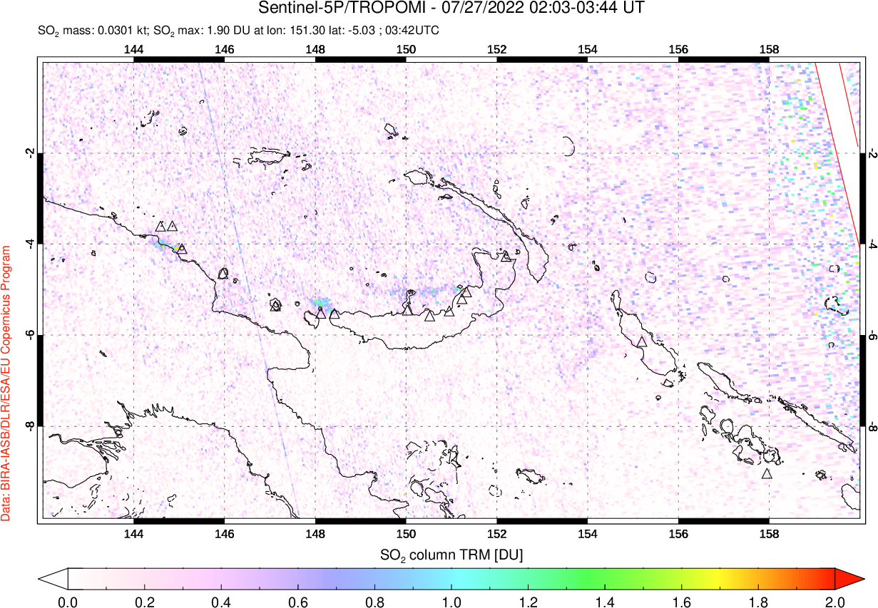 A sulfur dioxide image over Papua, New Guinea on Jul 27, 2022.