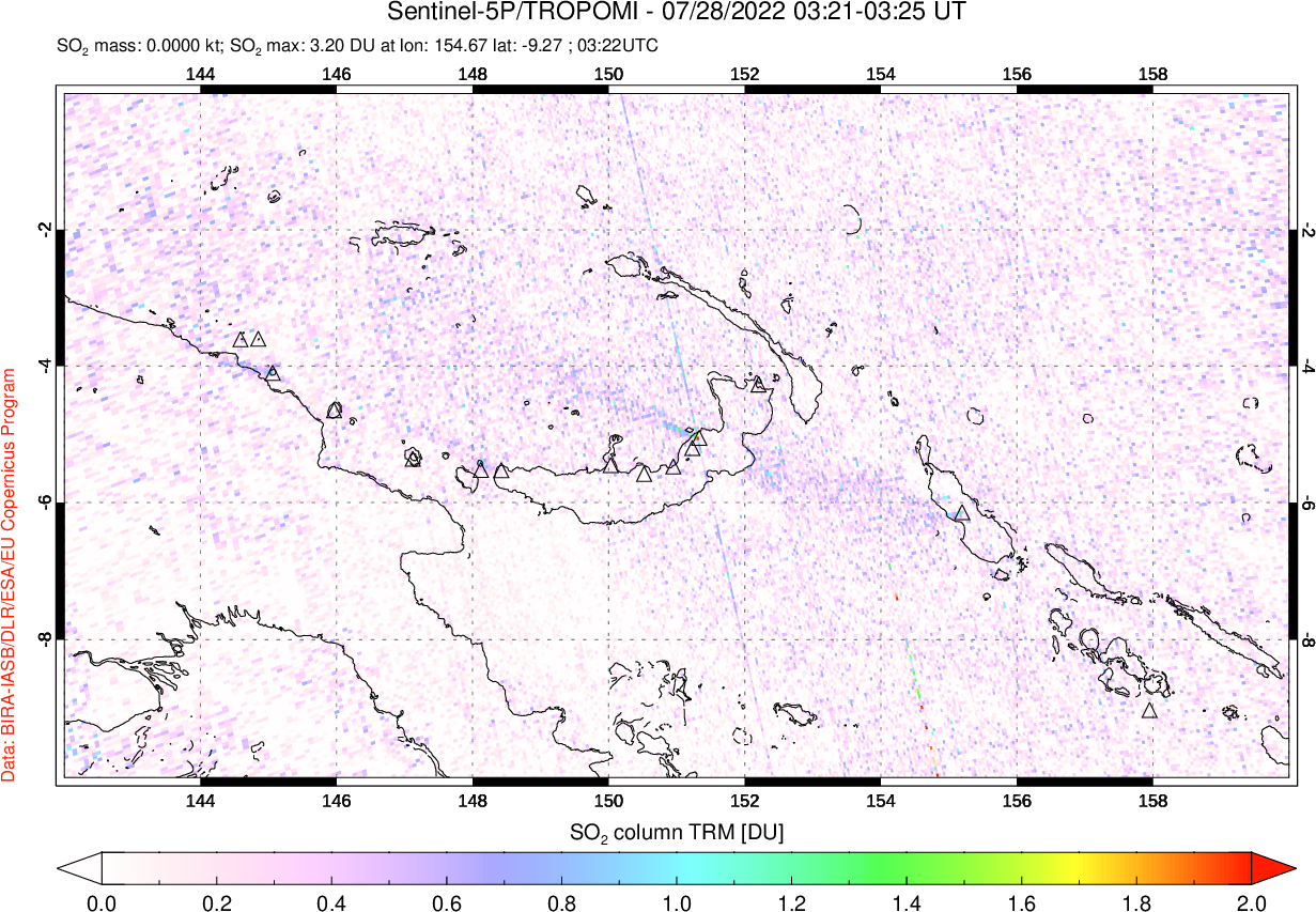 A sulfur dioxide image over Papua, New Guinea on Jul 28, 2022.