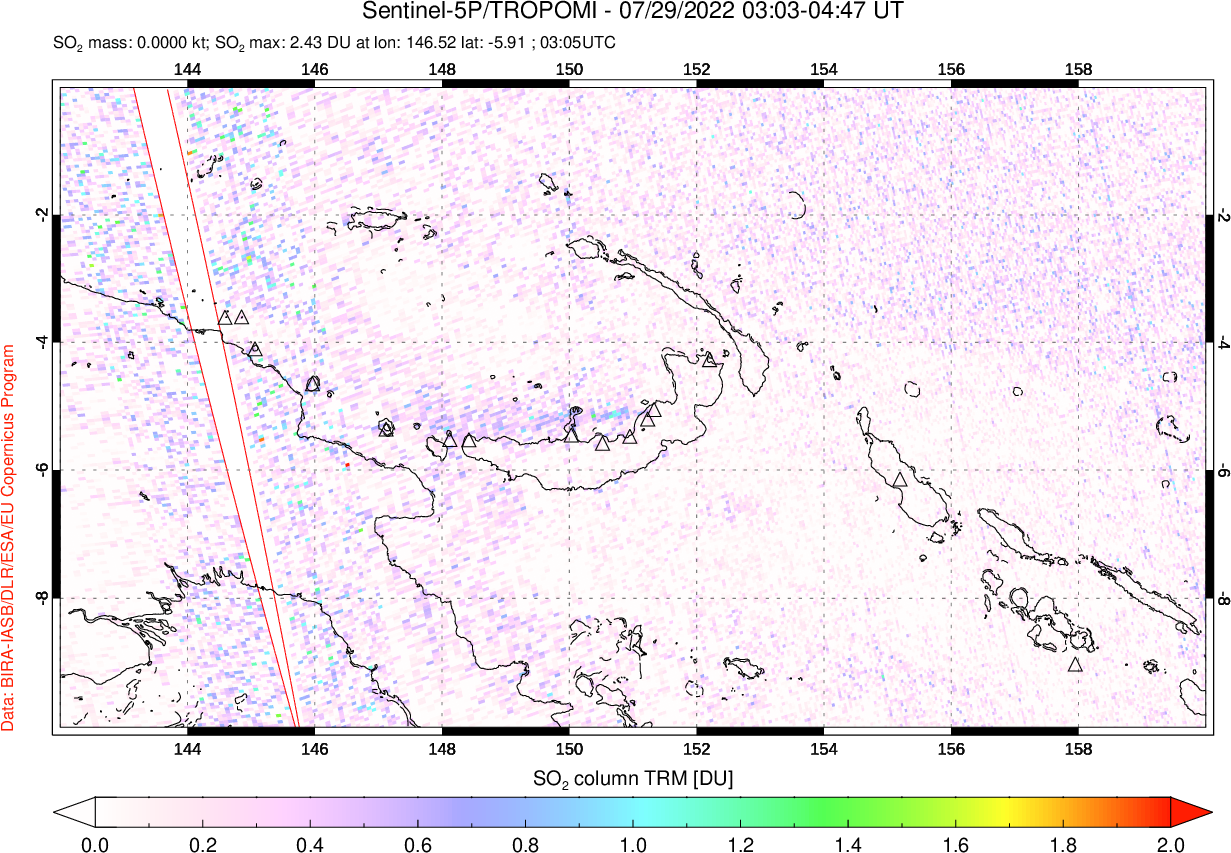 A sulfur dioxide image over Papua, New Guinea on Jul 29, 2022.