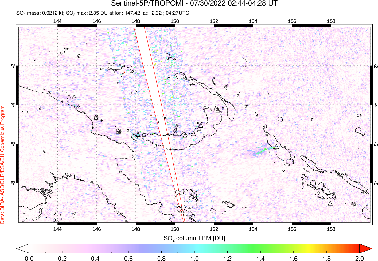 A sulfur dioxide image over Papua, New Guinea on Jul 30, 2022.