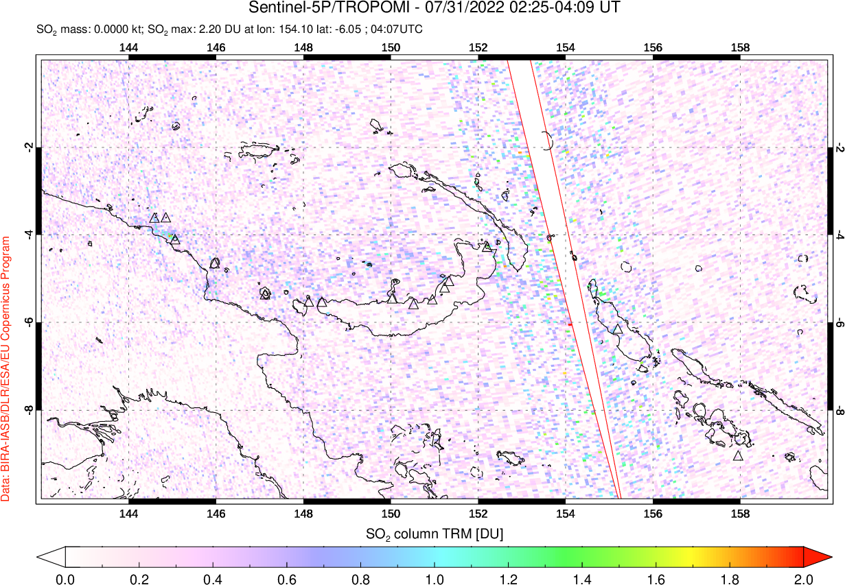 A sulfur dioxide image over Papua, New Guinea on Jul 31, 2022.