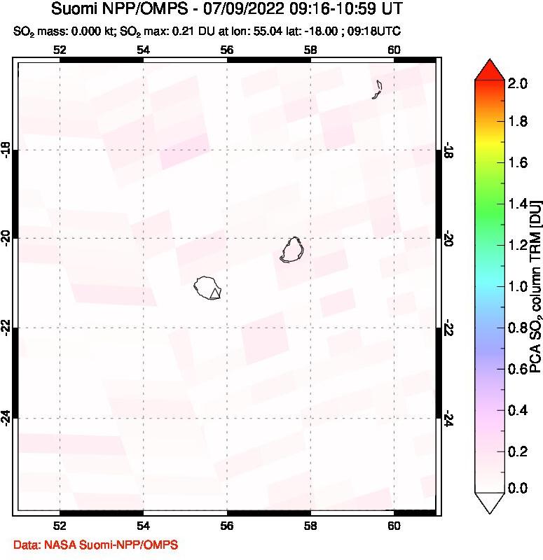 A sulfur dioxide image over Reunion Island, Indian Ocean on Jul 09, 2022.