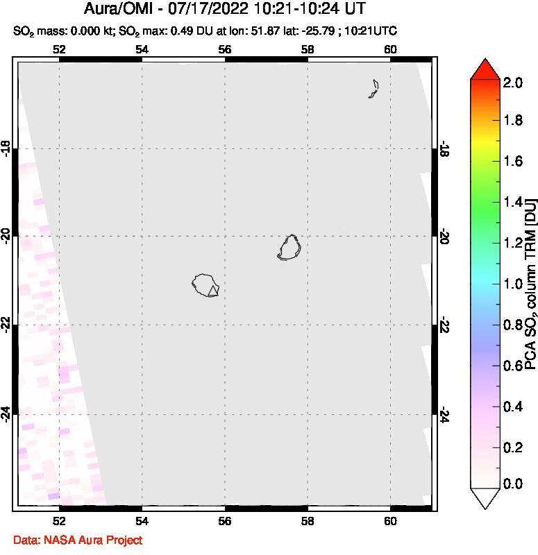 A sulfur dioxide image over Reunion Island, Indian Ocean on Jul 17, 2022.