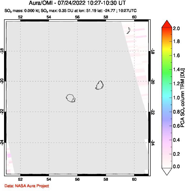 A sulfur dioxide image over Reunion Island, Indian Ocean on Jul 24, 2022.