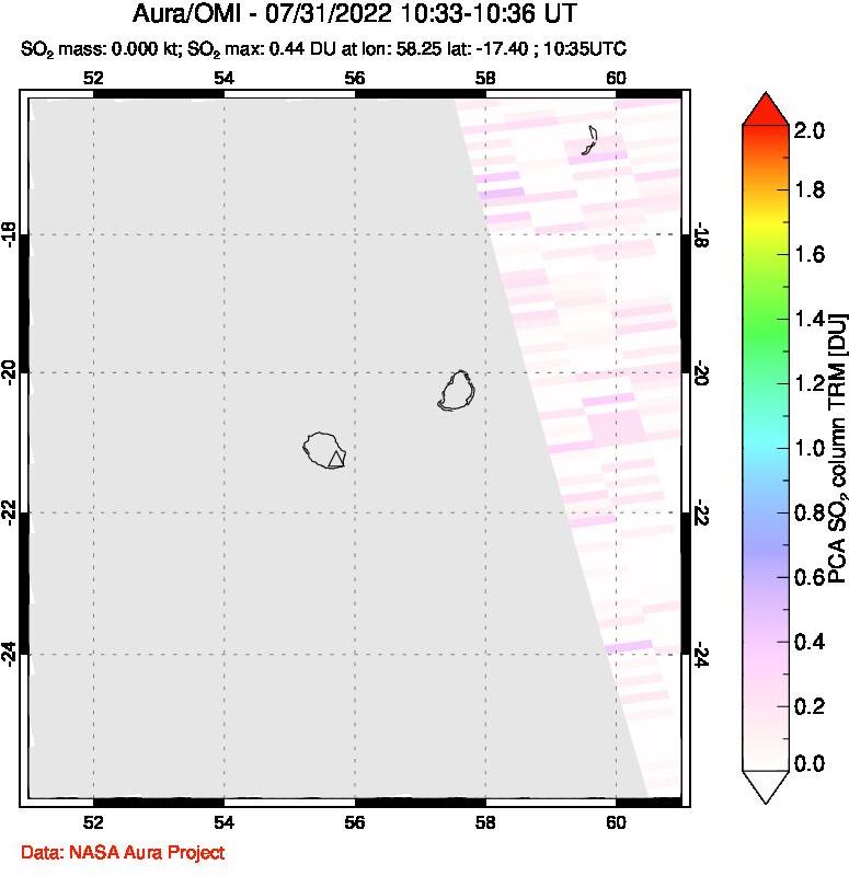 A sulfur dioxide image over Reunion Island, Indian Ocean on Jul 31, 2022.
