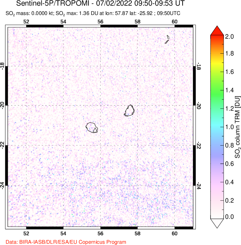 A sulfur dioxide image over Reunion Island, Indian Ocean on Jul 02, 2022.