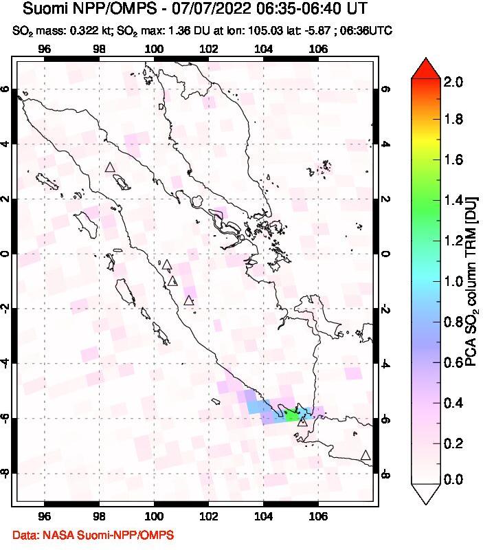 A sulfur dioxide image over Sumatra, Indonesia on Jul 07, 2022.