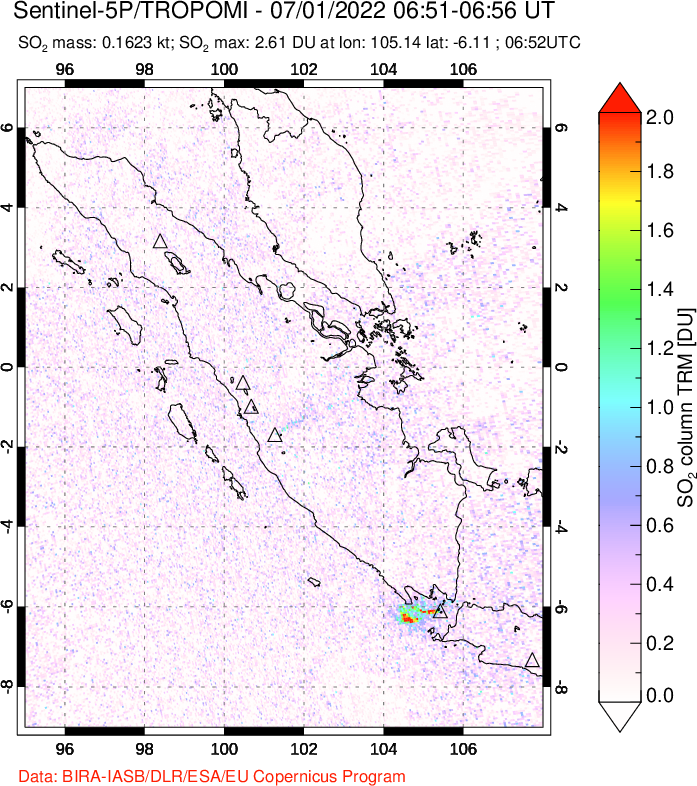 A sulfur dioxide image over Sumatra, Indonesia on Jul 01, 2022.
