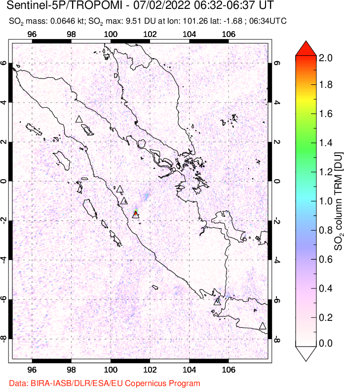 A sulfur dioxide image over Sumatra, Indonesia on Jul 02, 2022.