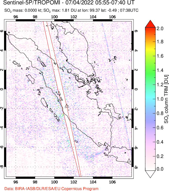 A sulfur dioxide image over Sumatra, Indonesia on Jul 04, 2022.
