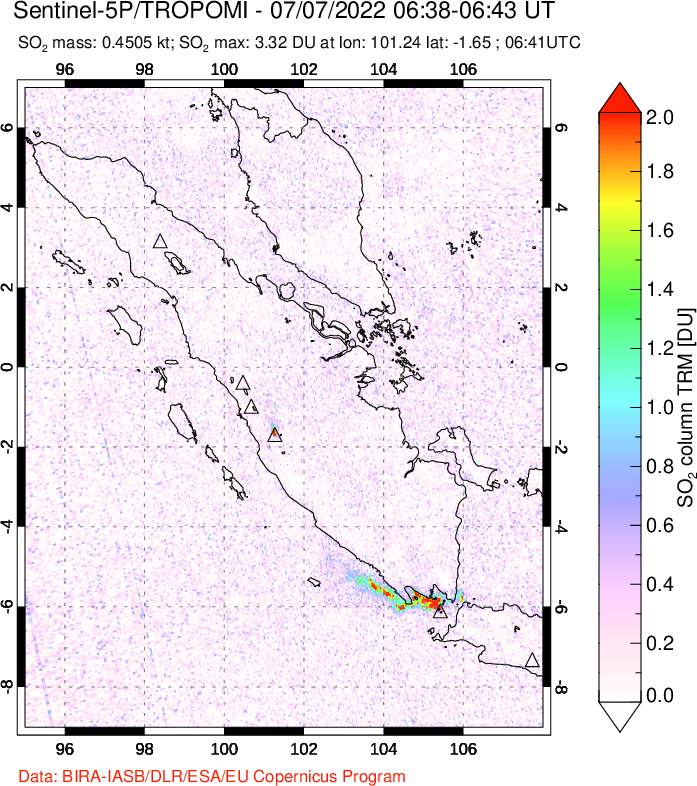 A sulfur dioxide image over Sumatra, Indonesia on Jul 07, 2022.