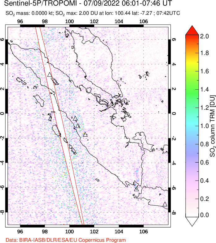 A sulfur dioxide image over Sumatra, Indonesia on Jul 09, 2022.