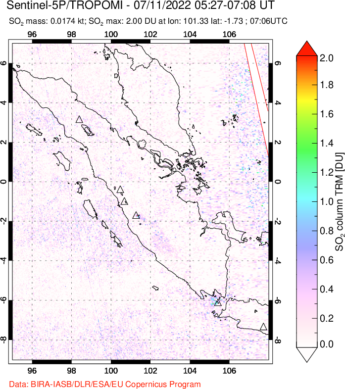 A sulfur dioxide image over Sumatra, Indonesia on Jul 11, 2022.