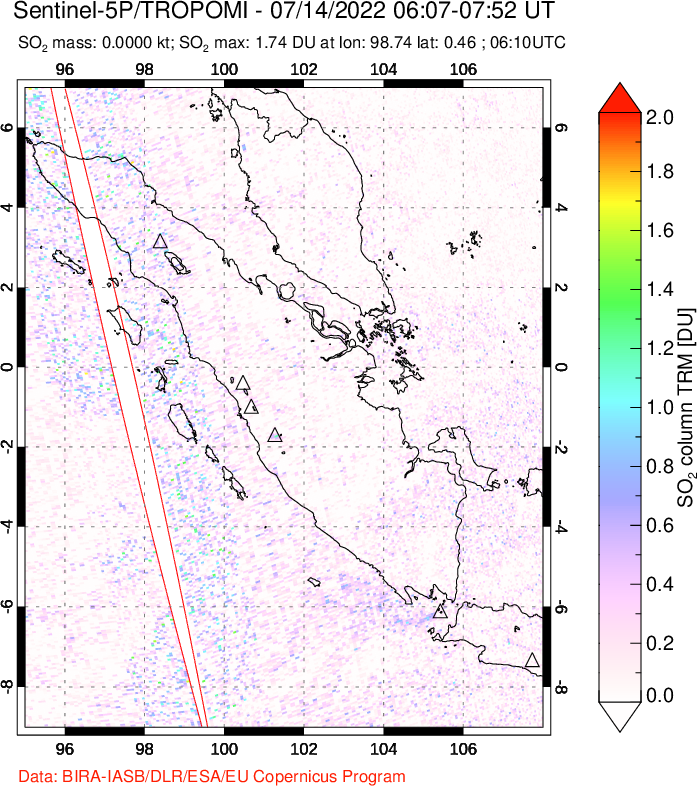 A sulfur dioxide image over Sumatra, Indonesia on Jul 14, 2022.