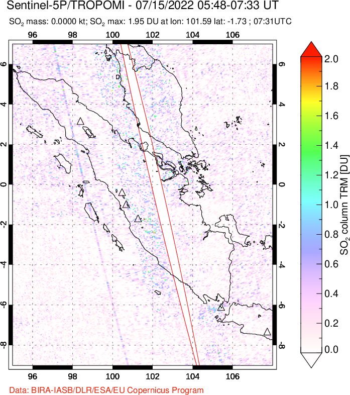 A sulfur dioxide image over Sumatra, Indonesia on Jul 15, 2022.