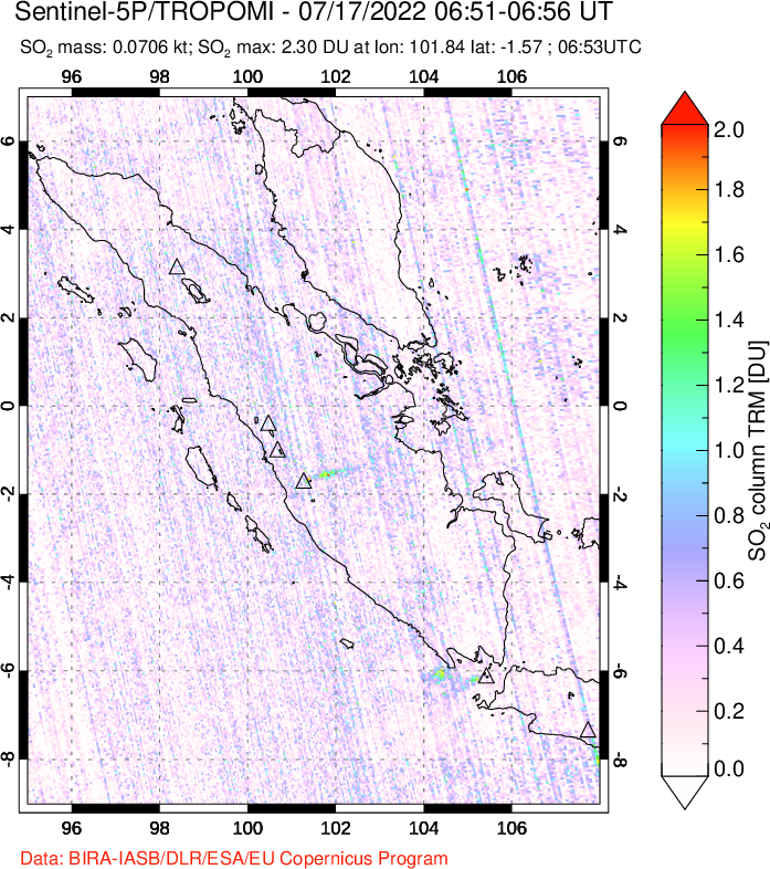 A sulfur dioxide image over Sumatra, Indonesia on Jul 17, 2022.