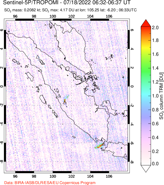 A sulfur dioxide image over Sumatra, Indonesia on Jul 18, 2022.
