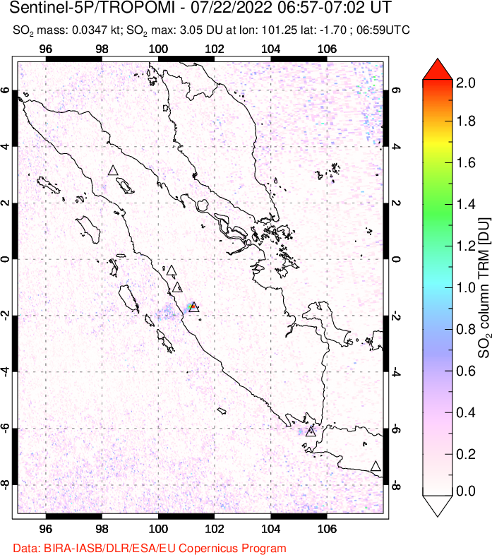 A sulfur dioxide image over Sumatra, Indonesia on Jul 22, 2022.