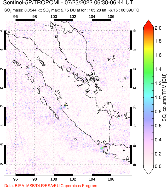 A sulfur dioxide image over Sumatra, Indonesia on Jul 23, 2022.