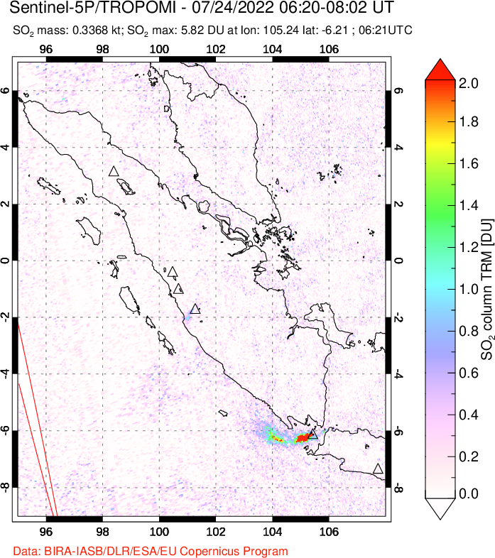 A sulfur dioxide image over Sumatra, Indonesia on Jul 24, 2022.