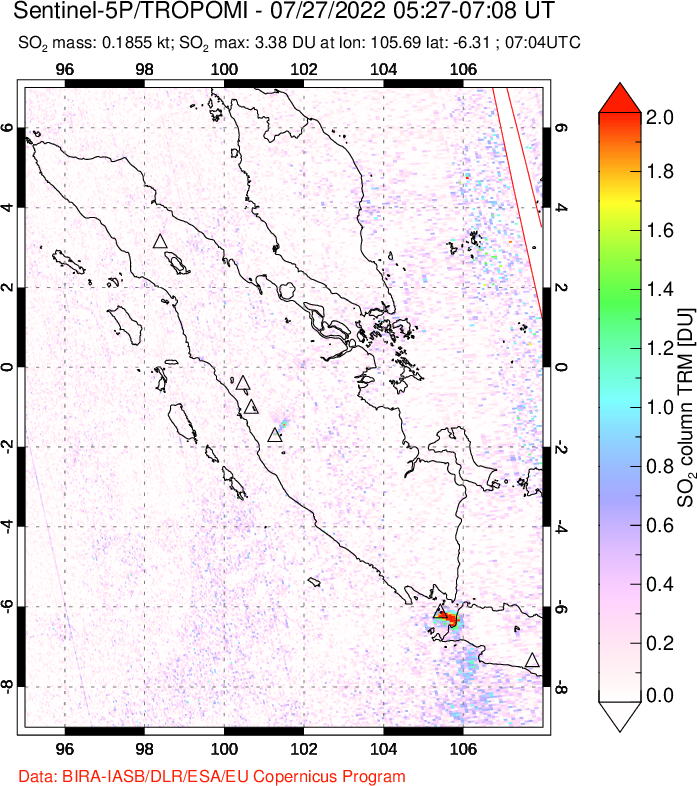 A sulfur dioxide image over Sumatra, Indonesia on Jul 27, 2022.