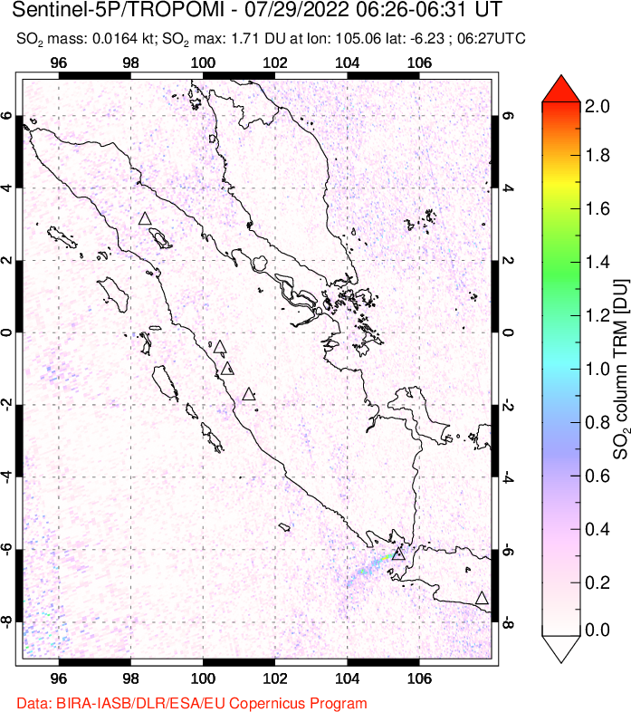 A sulfur dioxide image over Sumatra, Indonesia on Jul 29, 2022.