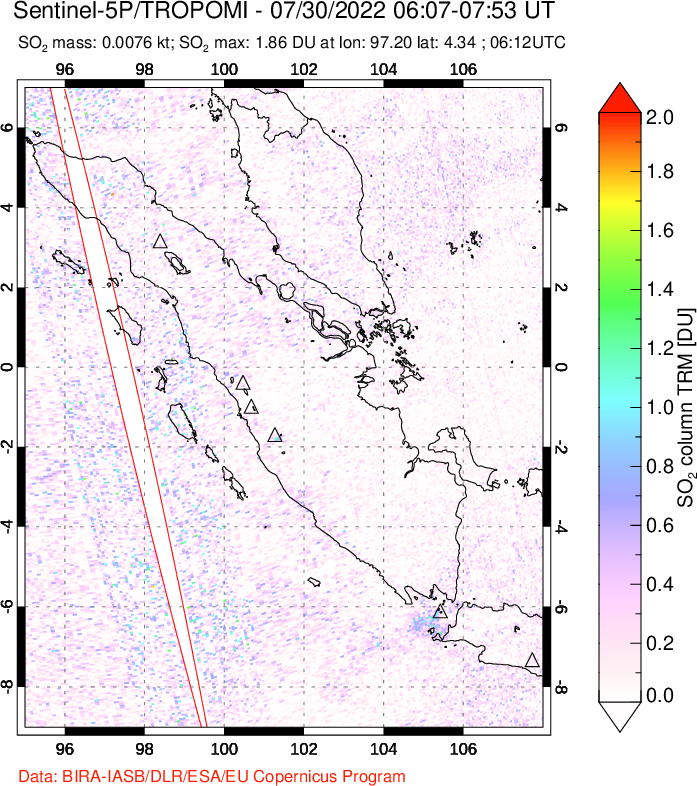 A sulfur dioxide image over Sumatra, Indonesia on Jul 30, 2022.