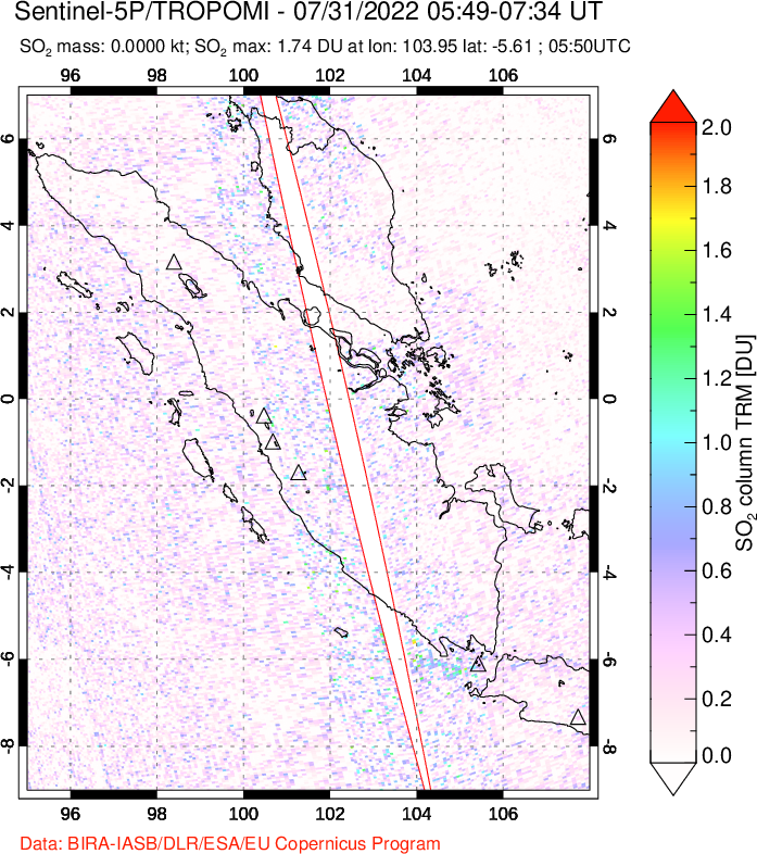 A sulfur dioxide image over Sumatra, Indonesia on Jul 31, 2022.