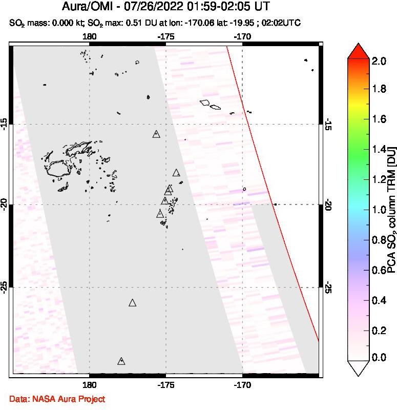A sulfur dioxide image over Tonga, South Pacific on Jul 26, 2022.