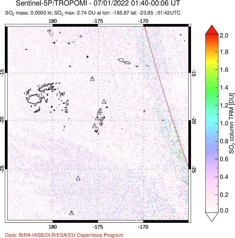 A sulfur dioxide image over Tonga, South Pacific on Jul 01, 2022.