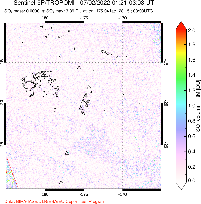 A sulfur dioxide image over Tonga, South Pacific on Jul 02, 2022.