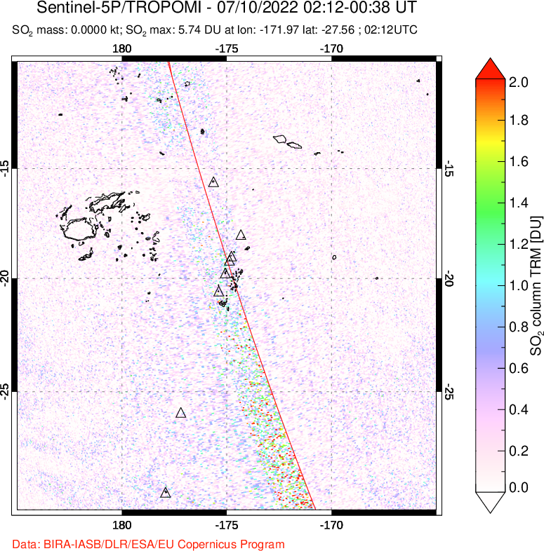 A sulfur dioxide image over Tonga, South Pacific on Jul 10, 2022.