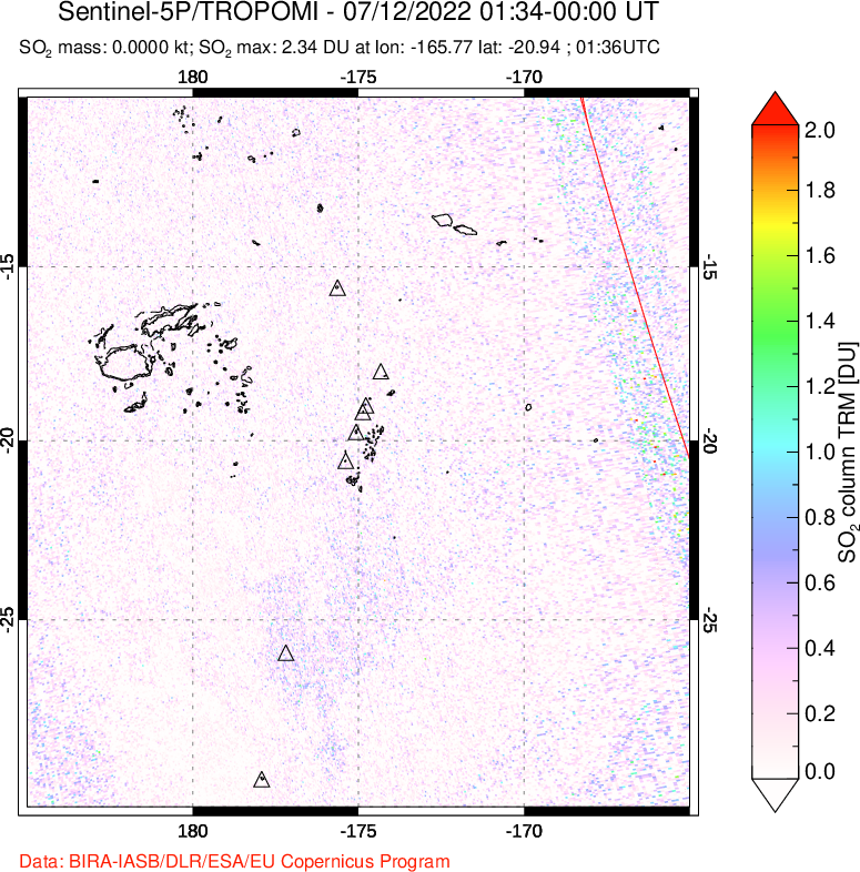 A sulfur dioxide image over Tonga, South Pacific on Jul 12, 2022.