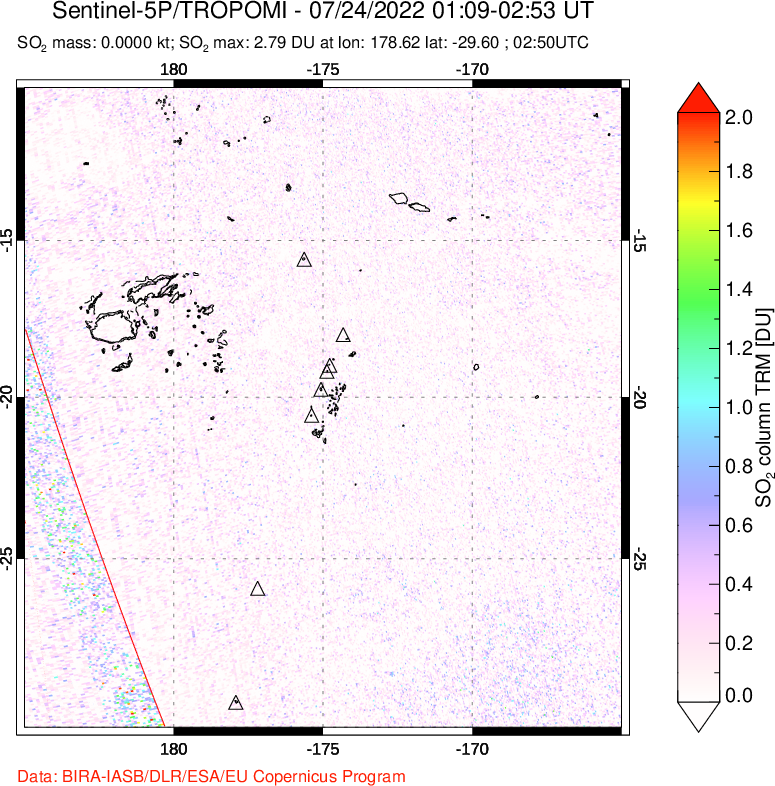 A sulfur dioxide image over Tonga, South Pacific on Jul 24, 2022.