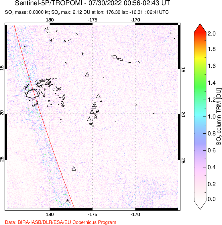 A sulfur dioxide image over Tonga, South Pacific on Jul 30, 2022.
