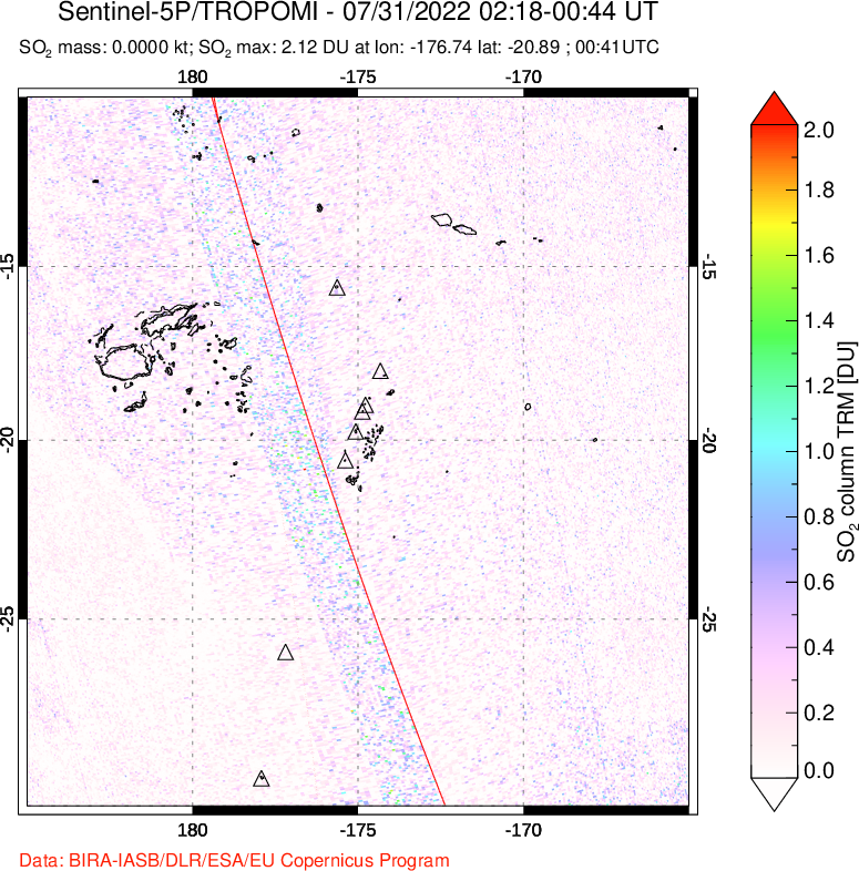 A sulfur dioxide image over Tonga, South Pacific on Jul 31, 2022.
