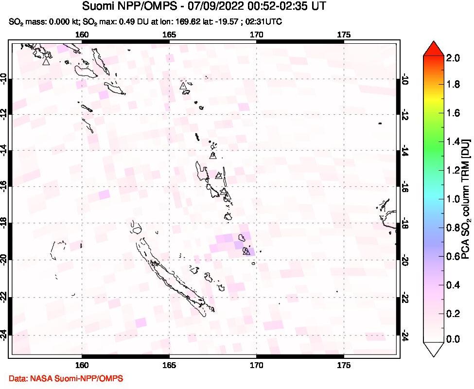 A sulfur dioxide image over Vanuatu, South Pacific on Jul 09, 2022.