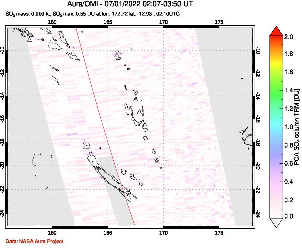 A sulfur dioxide image over Vanuatu, South Pacific on Jul 01, 2022.