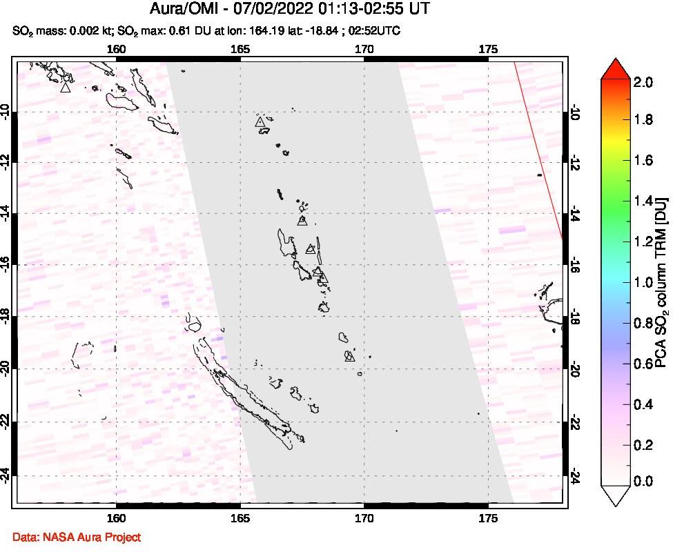 A sulfur dioxide image over Vanuatu, South Pacific on Jul 02, 2022.