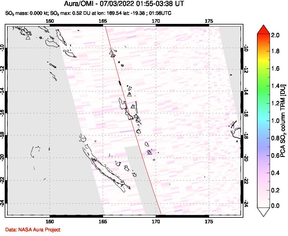 A sulfur dioxide image over Vanuatu, South Pacific on Jul 03, 2022.