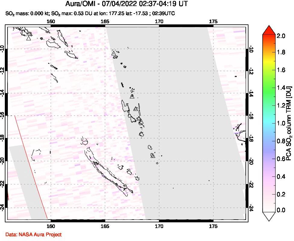 A sulfur dioxide image over Vanuatu, South Pacific on Jul 04, 2022.