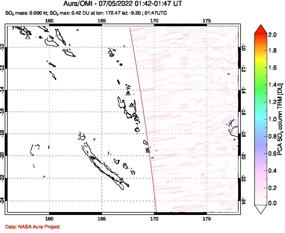 A sulfur dioxide image over Vanuatu, South Pacific on Jul 05, 2022.