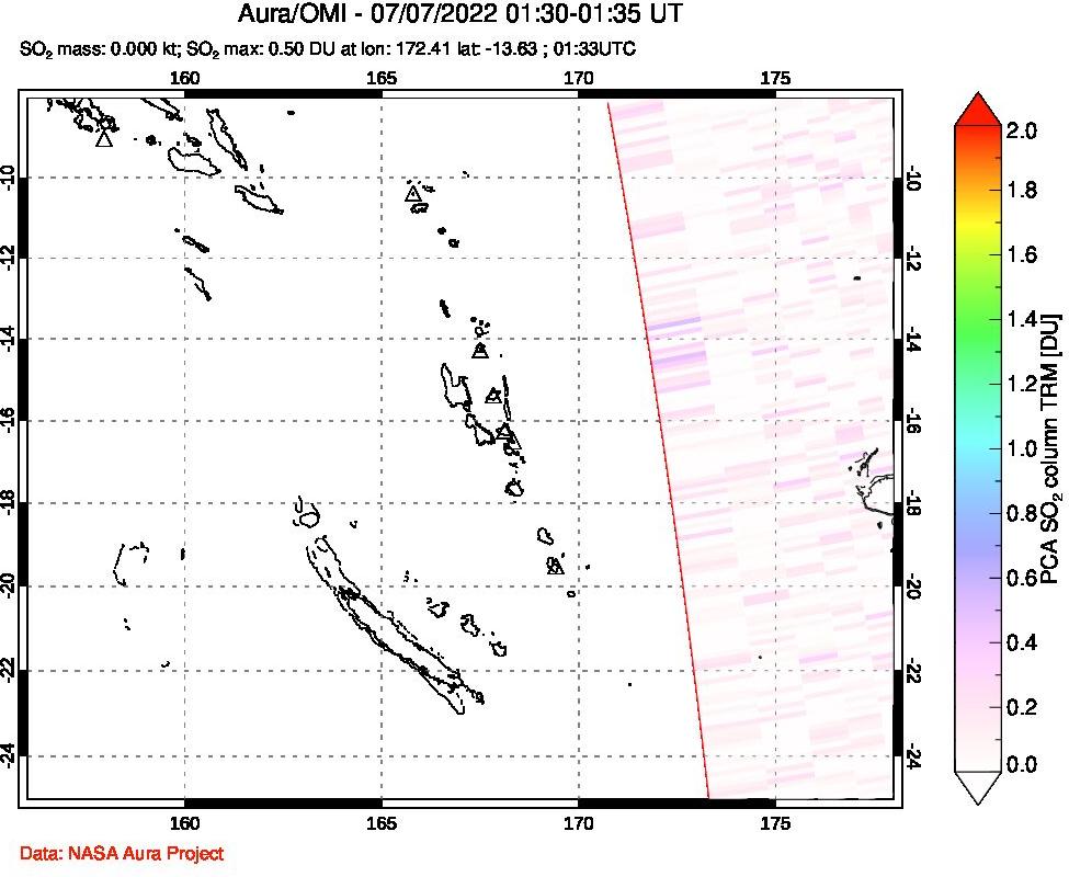 A sulfur dioxide image over Vanuatu, South Pacific on Jul 07, 2022.