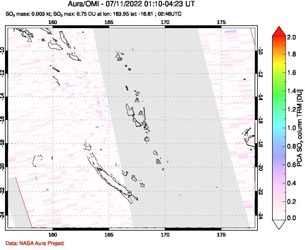 A sulfur dioxide image over Vanuatu, South Pacific on Jul 11, 2022.